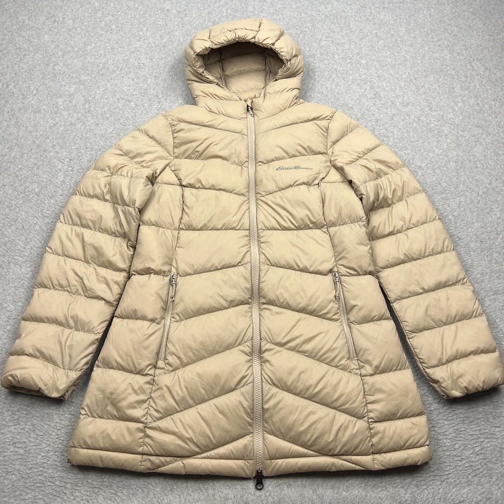 Eddie Bauer Down Parka Jacket Women's Small Tan Chevron Hooded EB650 Puffer Coat